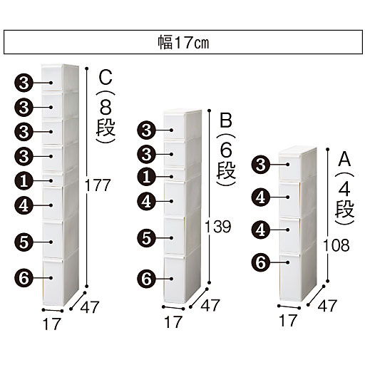 左からC(8段)、B(6段)、A(4段) ※寸法の単位はcmです。<br>※このカラーは完売しました。B(6段)は完売しました。