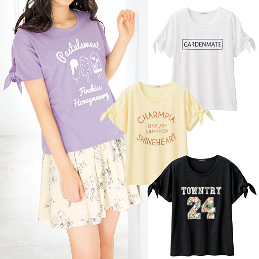 【ティーンズ】 袖リボンプリントTシャツ