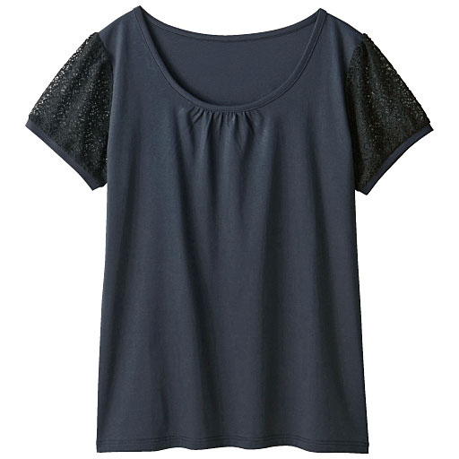 【レディース】 レース付きパフスリーブスムースTシャツ(ハリ感と光沢が上品なフェミニンTシャツ)
