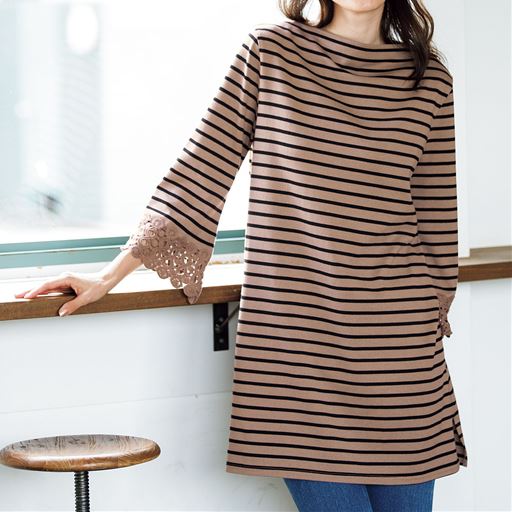 袖レース使いボーダーチュニック 7分袖 洗濯機ok セシール Cecile