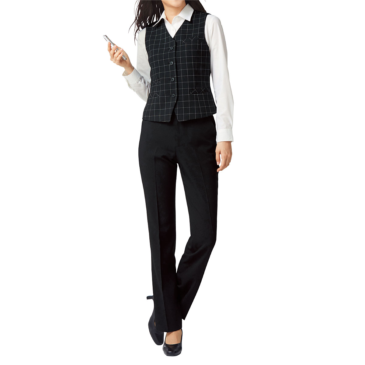 オフィスベストスーツ(ベスト+パンツ)(事務服・ストレッチ素材・洗濯機OK・撥水・形態安定・防汚加工・選べる2レングス) - ファッション通販なら セシール(cecile)