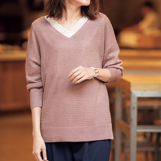 2点セット レースタンクトップ Vネックニット セシール Cecile 2点セット レースタンクトップ Vネックニット セシール Cecile