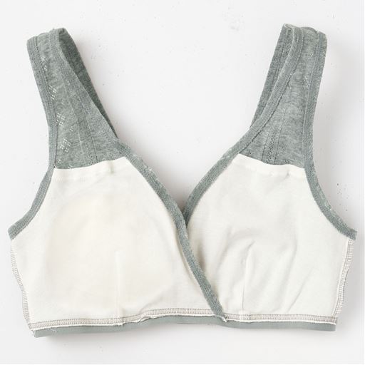 (1)着脱がらくちんなカシュクール仕様。(2)ソフトなフィット感のアンダーゴム使い。