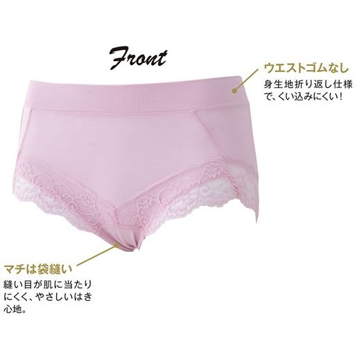 (1)ウエストゴムなし。身生地折り返し仕様で、くい込みにくい!(2)マチは袋縫い。縫い目が肌に当たりにくく、やさしいはき心地。