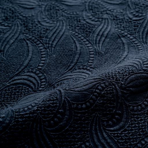 ミッドナイトブルー 綿100%素材に、立体的な刺しゅうを施した繊細なレースが高級感を醸し出します