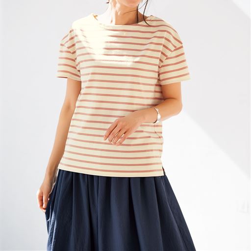 ボートネックボーダーtシャツ S 5l 半袖 洗濯機ok セシール Cecile