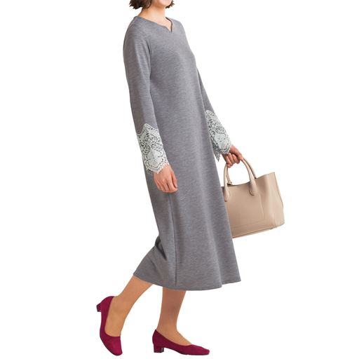 袖レースリップルワンピース トールサイズ セシール Cecile 袖レースリップルワンピース トールサイズ セシール Cecile