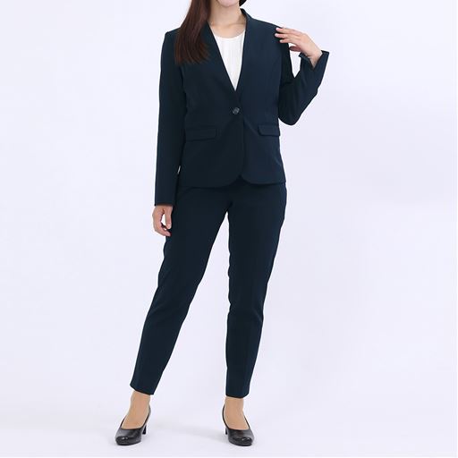 パンツスーツ カラーレスジャケット クロップドパンツ セシール Cecile