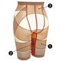 (1)スパイラル状のパネルが腰からひざ上まで支える。(2)肌側内もも部に吸汗速乾素材を使用、さらっと快適。(3)幅広サポートパネルで、腰への負担を軽減。