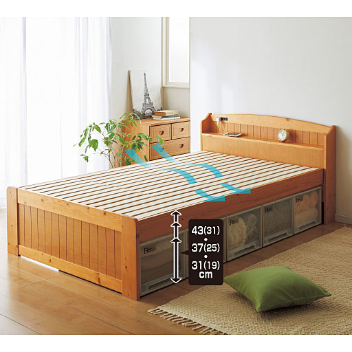 すのこベッド 棚付き 高さ3段階調整 2口コンセント付き セシール Cecile