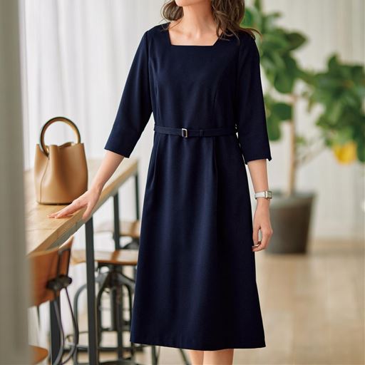 ぽっちゃりさんサイズ ウールライクワンピース 共布ベルト付き セシール Cecile