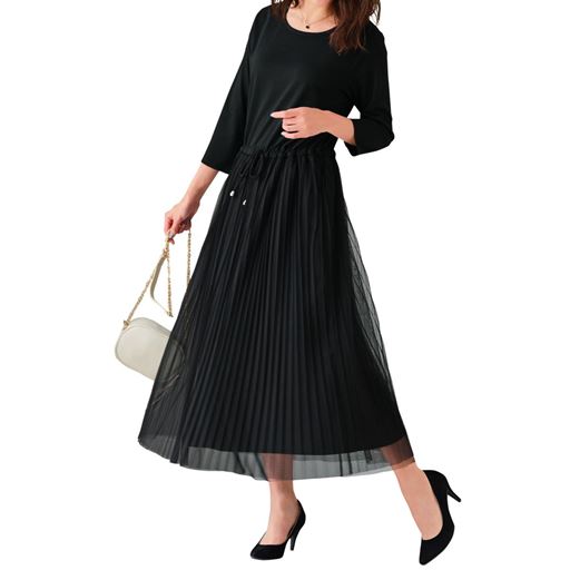 ぽっちゃりさんサイズ チュール使いワンピース 7分袖 セシール Cecile