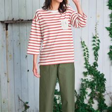 【ぽっちゃりさんサイズ】Moz ゆるシルエットボーダーTシャツ(7分袖)(綿100%)