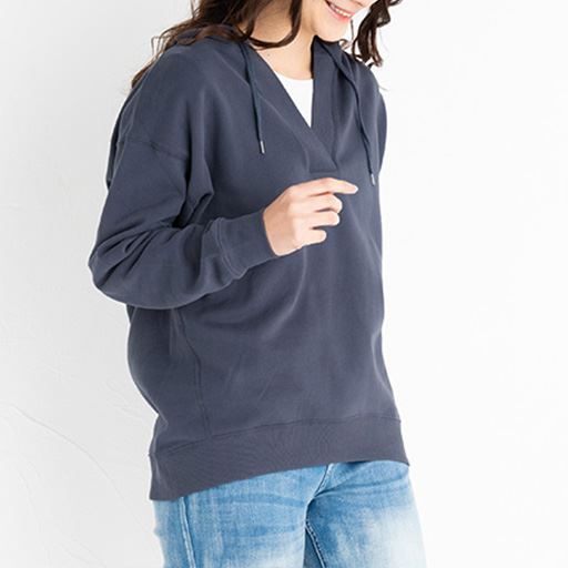 Vネックルーズパーカー 綿100 セシール Cecile