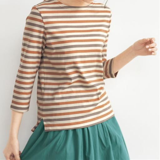 ボートネックボーダーtシャツ 七分袖 洗濯機ok 綿混天竺素材 セシール Cecile