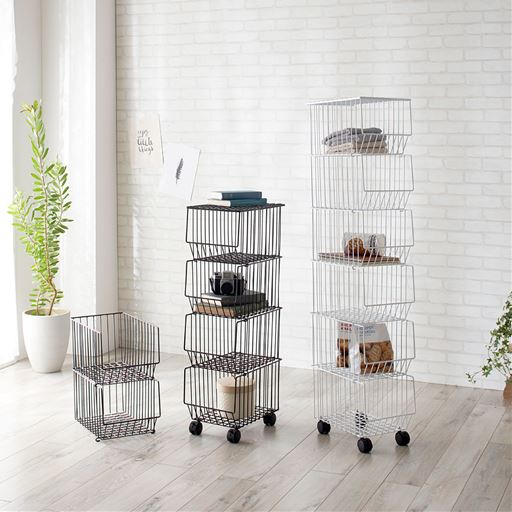 スタッキングバスケット 重ねて使えるワイヤーラック キャスター付き セシール Cecile