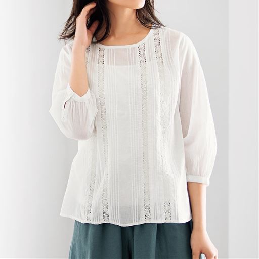 綿100 レース使いコットンブラウス 洗濯機ok セシール Cecile 綿100 レース使いコットンブラウス 洗濯機ok セシール Cecile