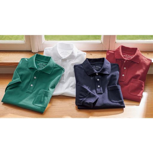 左から、スモークグリーン、ホワイト、ダークネイビー、ディープレッド※長袖は同シリーズ別商品(JK-274)です。