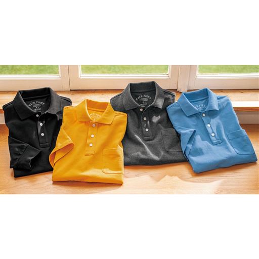 左から、ブラック、マスタードイエロー、チャコールグレー、スモークブルー※長袖は同シリーズ別商品(JK-274)です。