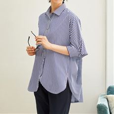 切り替えストライプドルマンシャツ/腰まわりを隠すチュニック丈