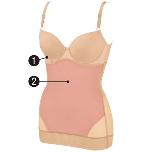 (1)縫い目がなく、アウターにひびかず使いやすいモールドカップ。(2)大きく配した裏打ちが胃やウエスト、下腹部をすっきりカバー。