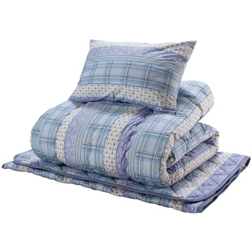 ブルーA (チェック) 洋式セット<br>セット内容:枕・掛け布団・ベッドパッド