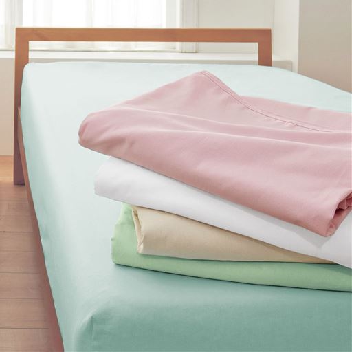 (上から) ピンク・ホワイト・ベージュ・ミントグリーン・サックス<br>毎日洗える丈夫さと、使いやすさで人気の平織りシーツです。