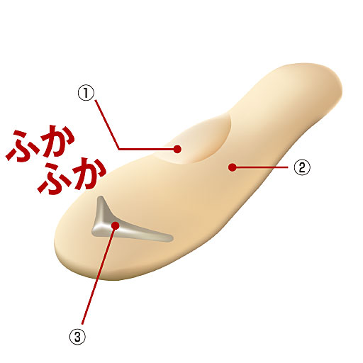 (1)足裏を立体的に補整するアーチサポートクッション。<br>(2)ふかふか低反発クッションが、足裏にフィット。<br>(3)踏み出しを意識づけする足指グリップ。