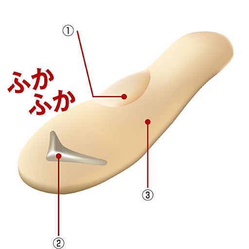 (1)足裏を立体的に補整するアーチサポートクッション。<br>(2)踏み出しを意識づけする足指グリップ。<br>(3)ふかふか低反発クッションが、足裏にフィット。<br>※イメージ