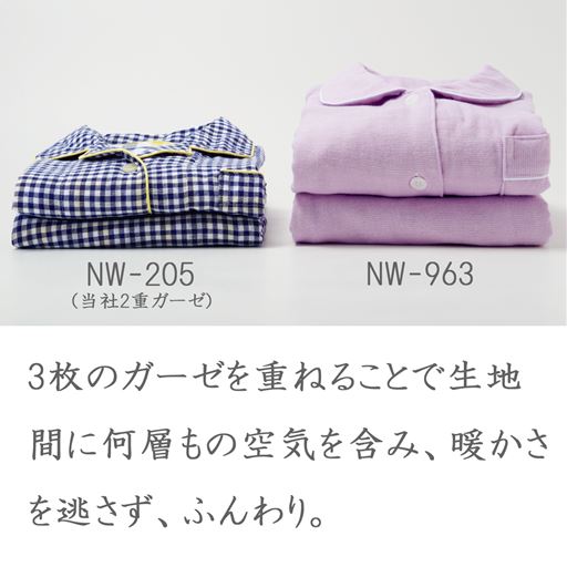 日本を代表する先染織物、播州織の厚みのあるガーゼを贅沢に三枚重ねることで、生地間に空気層が幾重にもできるので、あたたかさを逃さず、着心地はさらにふんわり。通気性・吸湿性に優れているので、冬もかく寝汗にも対応できて、快適です。
