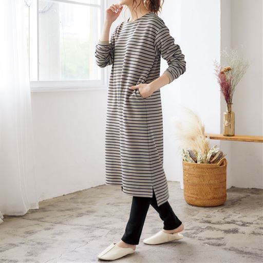 裏起毛のすっぽりボーダーワンピース ルームワンピース セシール Cecile