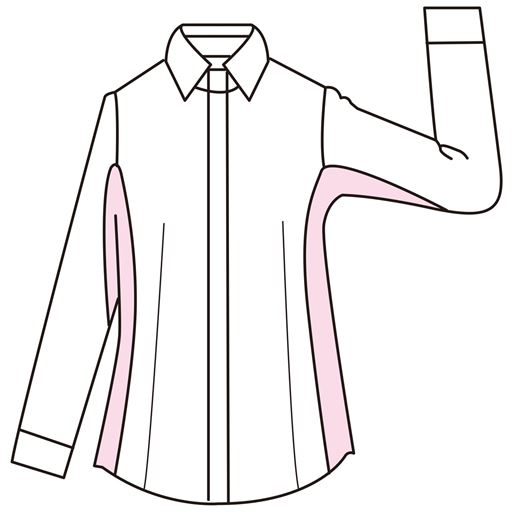 脇からサイドにかけてマチを入れた設計。通常のシャツより約4cm長い袖下で腕を上げやすい。