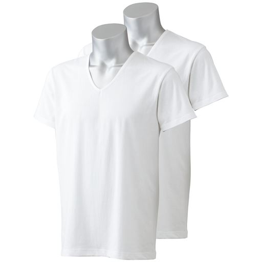 綿100%ならではの肌ざわりのよさに、吸汗速乾機能をプラスした半袖V首シャツ(2枚組)。<br>ホワイト