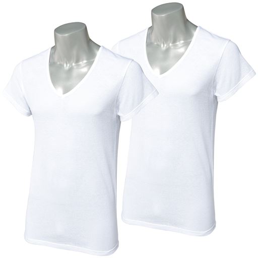 見た目も涼しい夏向けインナーに最適な素材です。半袖シャツの下に着用しても、はみだしにくい1分袖タイプ。洗い替えに便利な2枚組です。<br>ホワイト