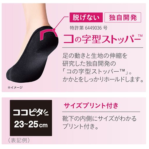 足の動きと生地の伸縮を研究した靴下の岡本独自開発の「コの字型ストッパー」。