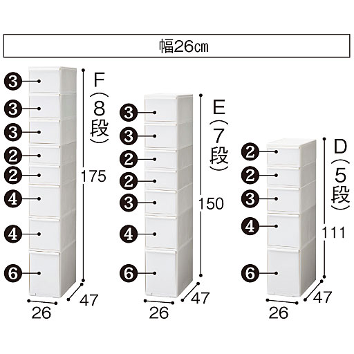 左からF(8段)、E(7段)、D(5段) ※寸法の単位はcmです。<br>※このカラーは完売しました。