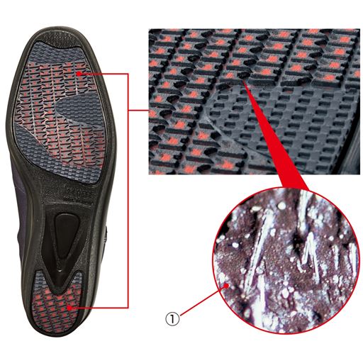 濡れた路面でも滑りにくい!<br>【セラミックソール】<br>(1)セラミック粒子(拡大写真)<br><br>■グリップ性に優れた特殊配合ゴムに、セラミック粒子を配合。磨き込まれた床や凍結した路面でも滑りにくく、快適な歩行をサポートします。
