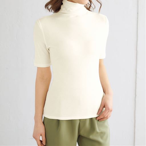 タートルネック5分袖 綿100 ソフトシフォンの贅沢カットソー セシール Cecile