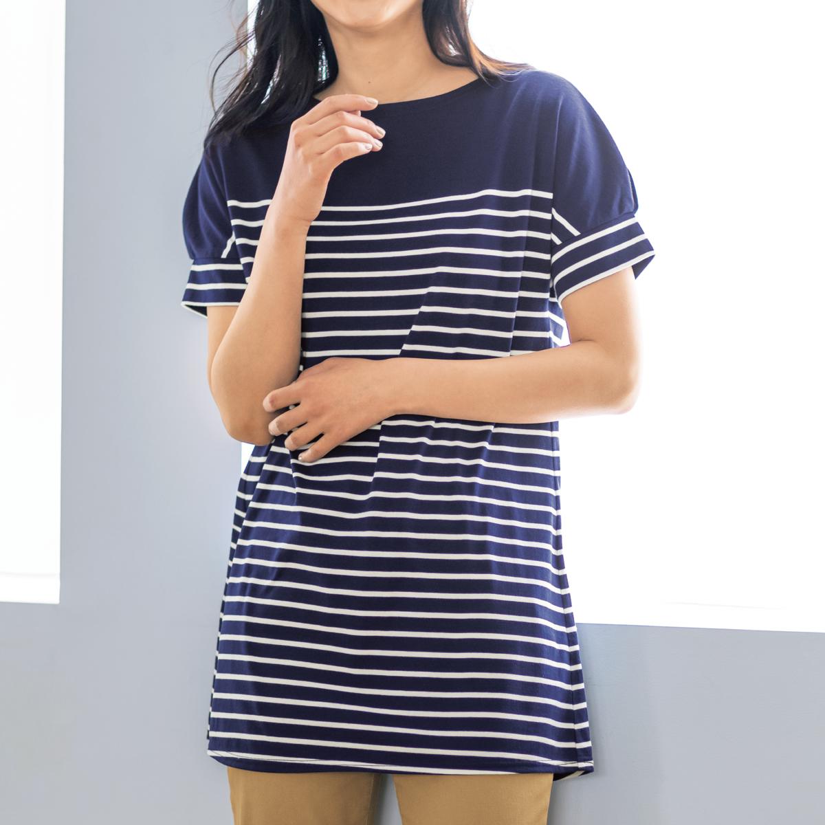 裾フレアドルマンボーダーTシャツ(洗濯機OK)