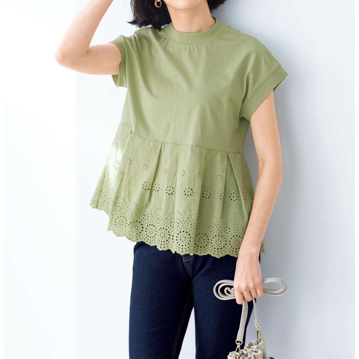裾レースモックネックTシャツ(洗濯機OK) - ファッション通販ならセシール(cecile)