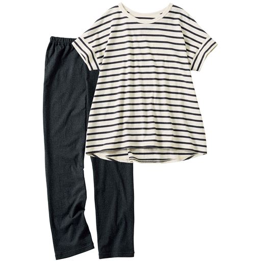 オートミール(パンツ:濃チャコールグレー) (1)袖口は切り替えデザイン。(2)後ろ裾はラウンド&長めシルエット。(3)すっきりとした長パンツで冷えも防ぐ。