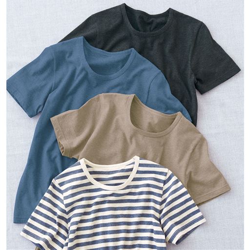 型崩れしにくい半袖Tシャツ<br>(上から)チャコールグレー(杢)、ネイビーブルー(杢)、ブラウン・ベージュ(杢)、ボーダーA((オートミール(杢)×ネイビーブルー(杢))