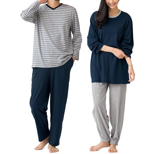 A 着回し例<br>春から秋まで活躍する人気の長袖2セット<br><br>※男女兼用パジャマは、男性サイズの設定となっておりますので、女性の方はワンサイズ下を目安にお選びください。