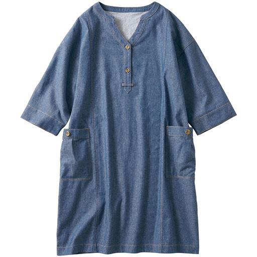 インディゴブルー (1)配色ステッチ(2)衿は着脱しやすいV字開き。(3)マーブル釦がアクセントに!(4)フロントの縦切り替えですっきり見え。(5)タック使いでぷっくり可愛い大きめポケット。(6)重ね着しやすくバランスの取りやすい7分袖(7)袖付けは重ね着しやすい幅広設計。