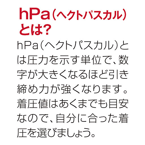 hpa(ヘクトパスカル)とは?<br>圧力を示す単位で、数字が大きくなるほど引き締め力が強くなります。着圧値はあくまでも目安なので、自分に合った着圧を選びましょう。