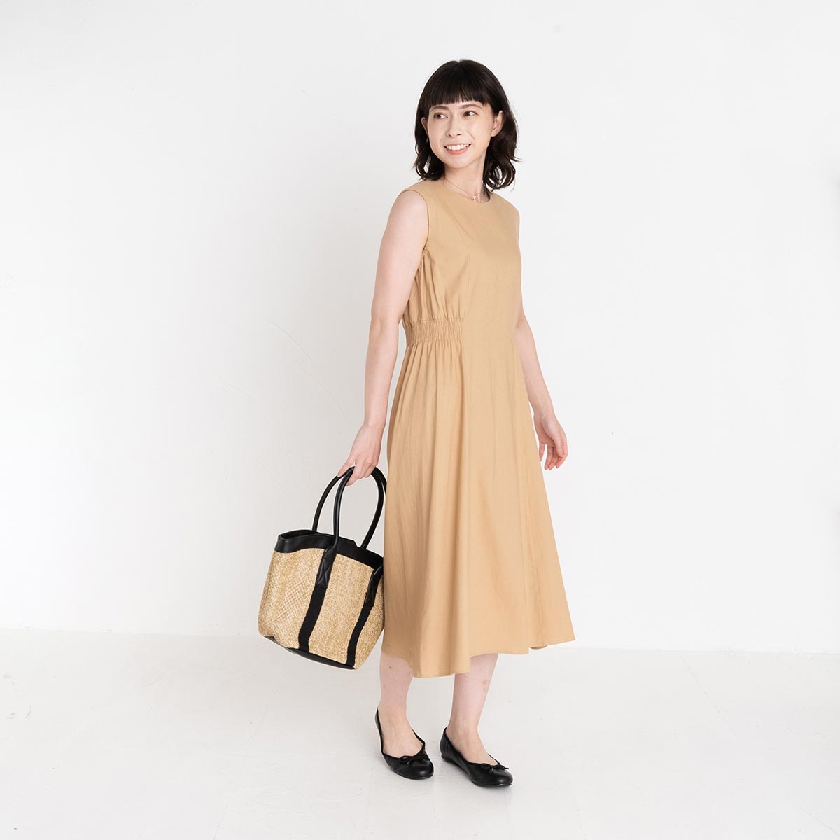 麻混美シルエットワンピース