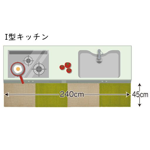 【使用例】ベージュ2枚・グリーン2枚(45×60cm)<br>I型キッチンもピッタリカバー。