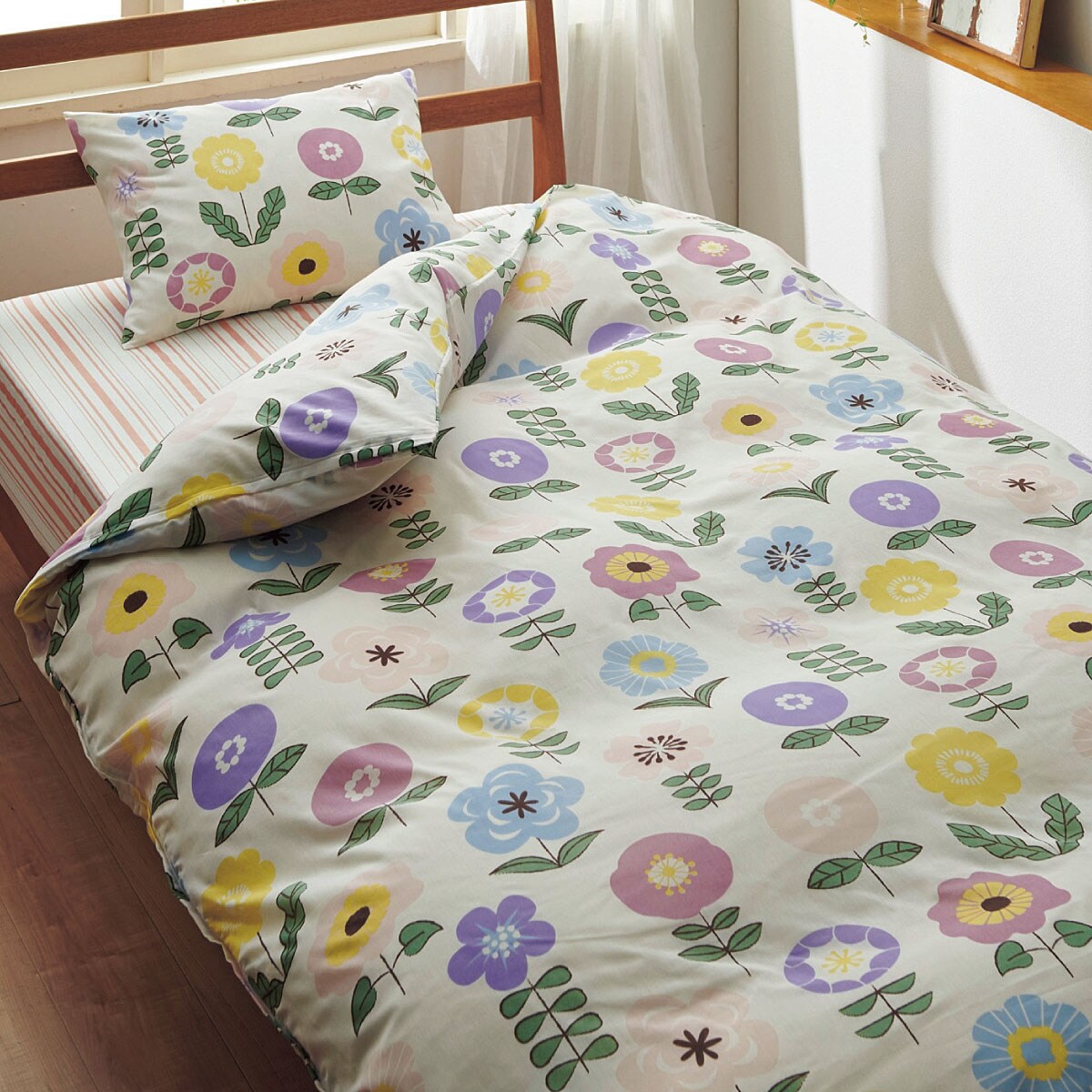 枕カバー 綿100 63x43cm L かぶせ式 オフベージュ ネルシャツ素材 リーフ柄 送料250円 てなグッズや ネルシャツ素材