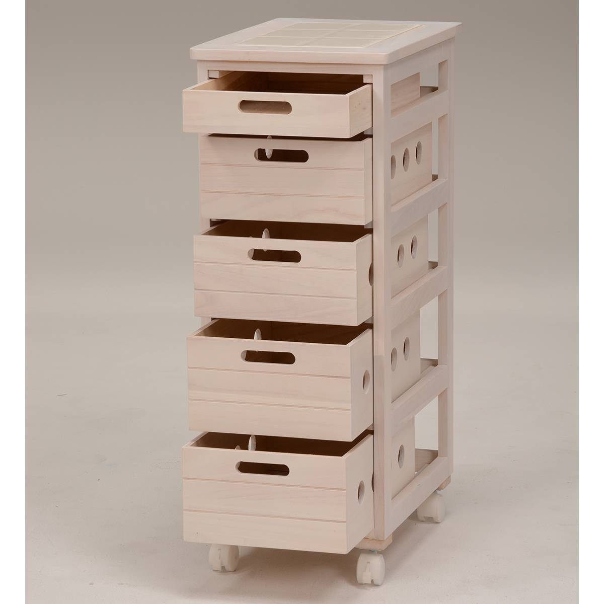 木製 ストッカー キッチン収納 約高さ79cm 引き出し付き 完成品 通気性抜群 桐材 タイル天板