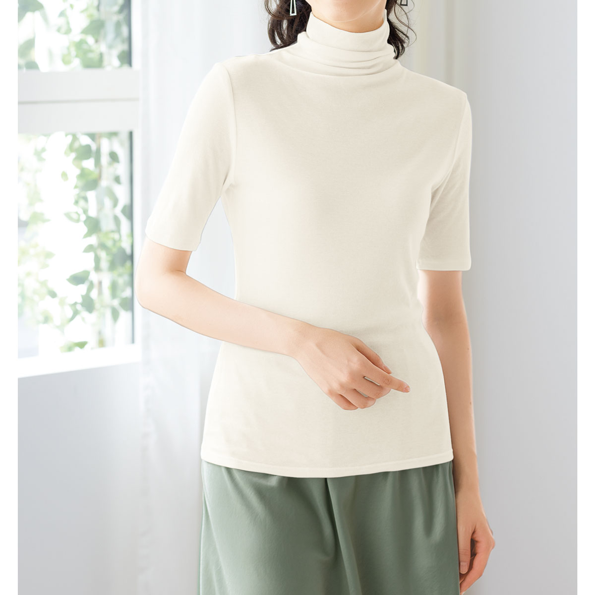 タートルネック5分袖 綿100 ソフトシフォンの贅沢カットソー ファッション通販ならセシール Cecile